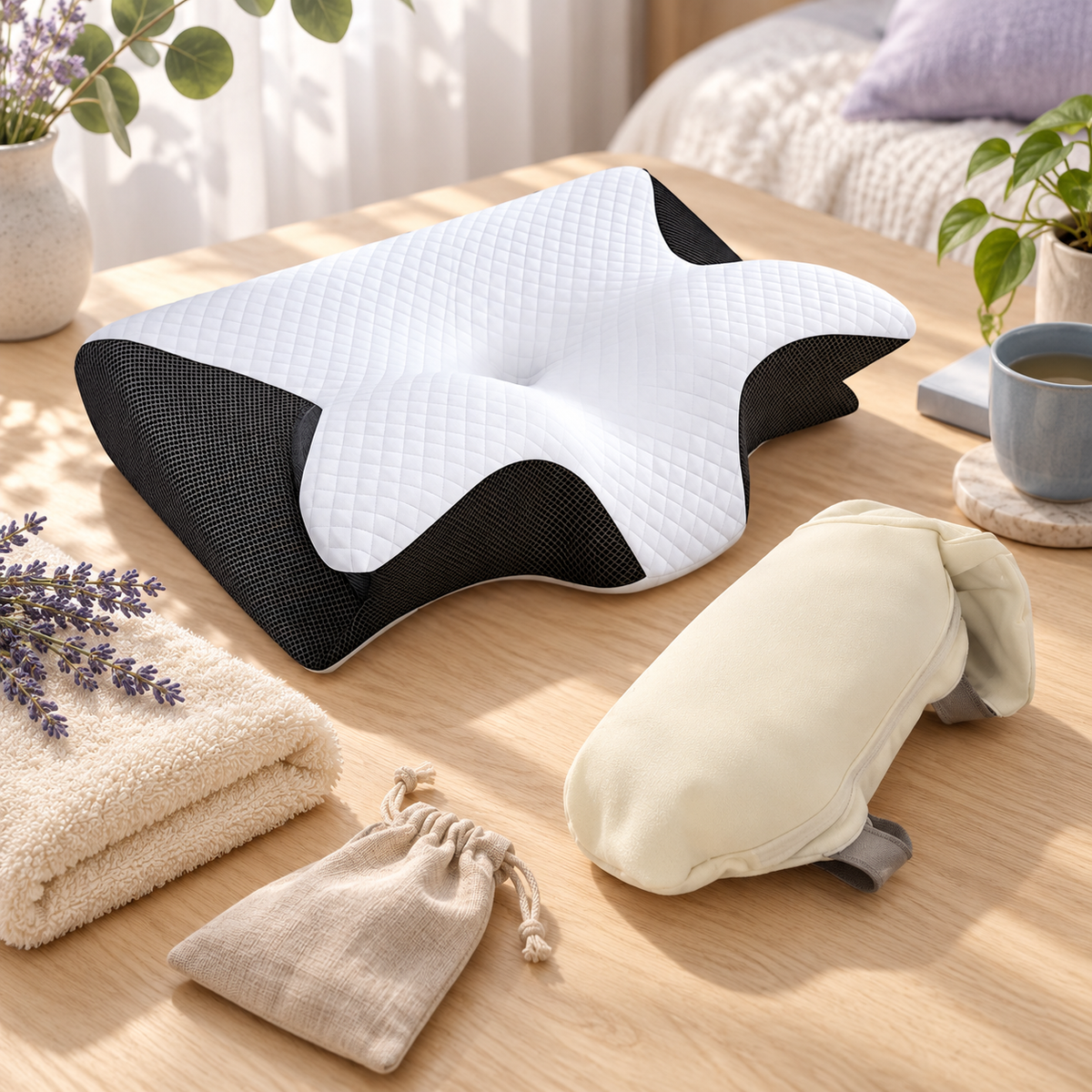 RELAXAURA foot therapy wrap styled with the neck pillow and massager in a calm home wellness setup