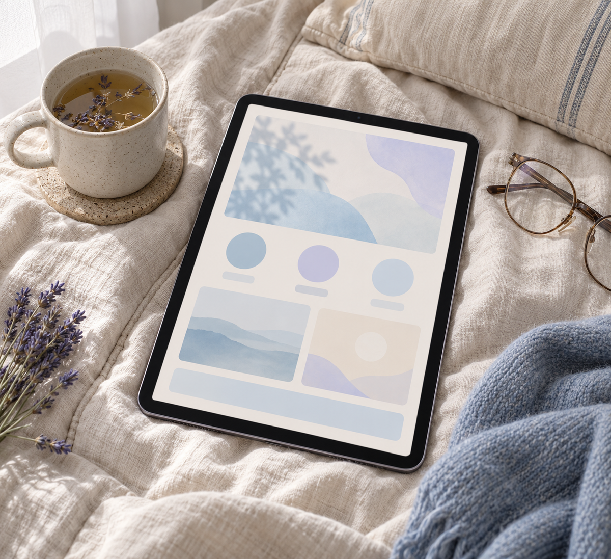 The Ultimate Sore Feet Relief Guide e-book open on a tablet beside tea and reading glasses