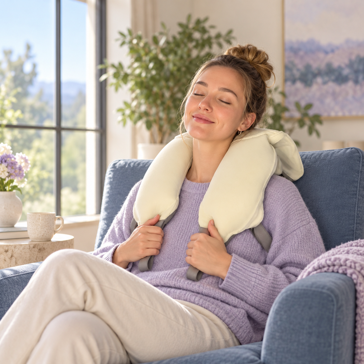 RELAXAURA Shiatsu Massager resting on a linen bed beside a cup of tea, soft morning light